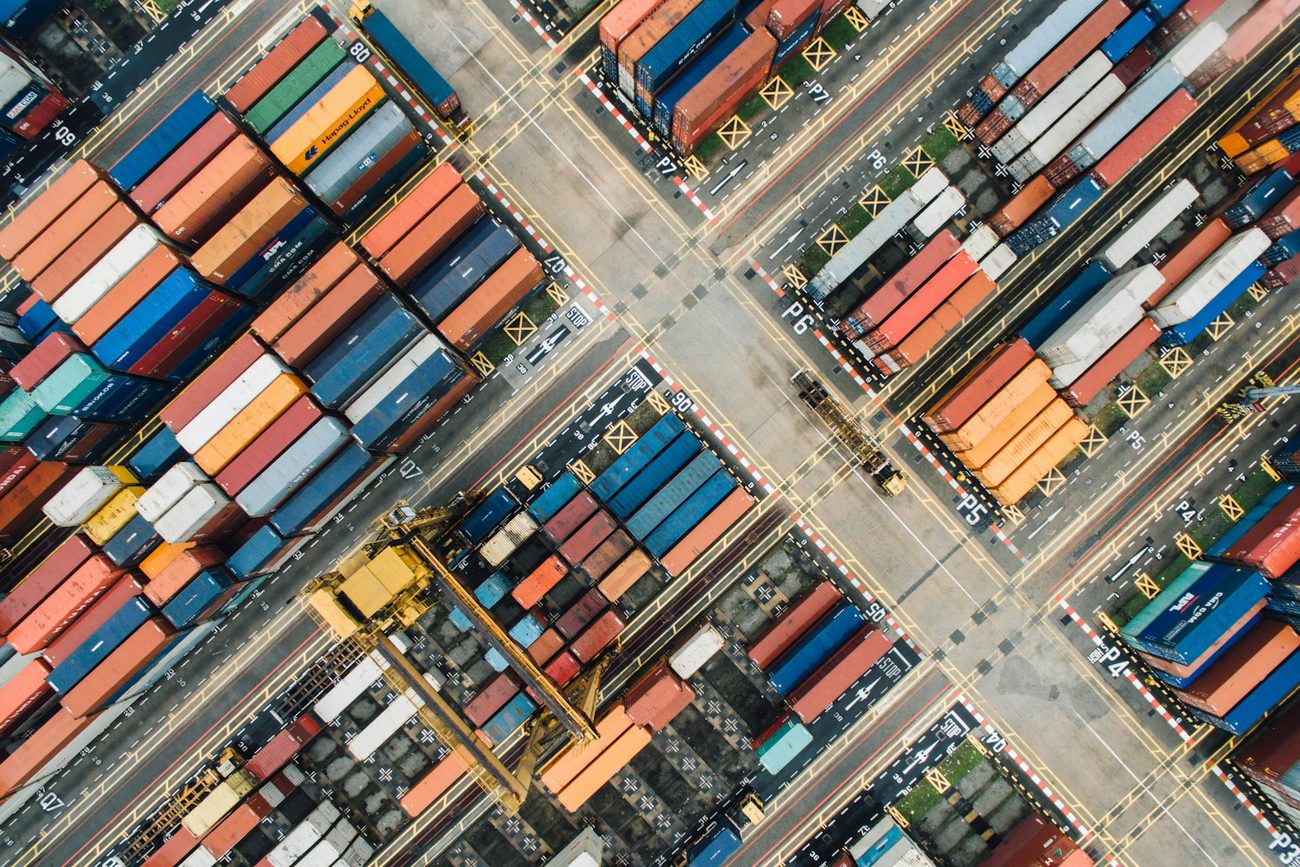Aerial view of a shipping container yard
