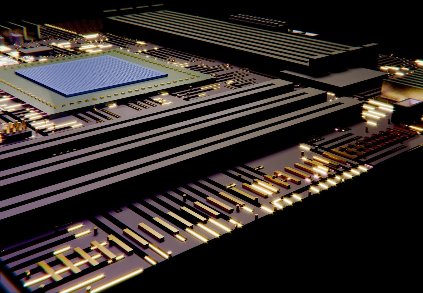 Circuit board with a central blue microchip