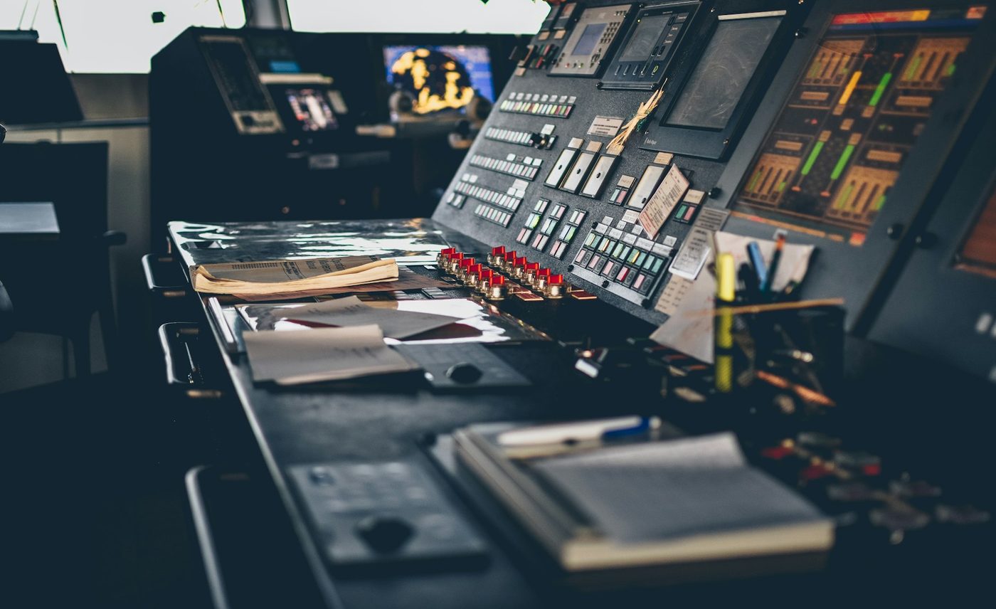 Control desk with instruments inside a train cab