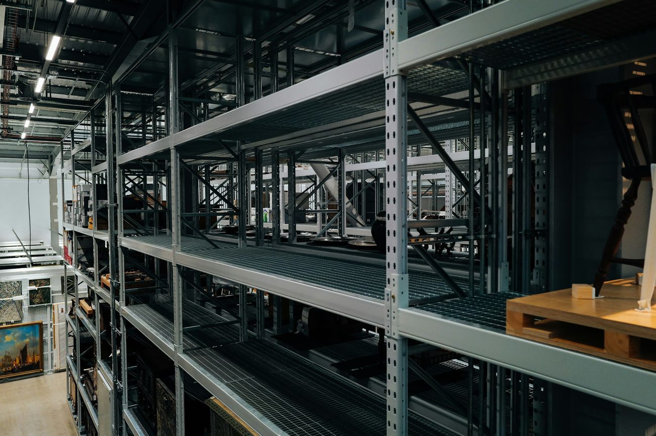 Industrial shelving racks holding stored goods